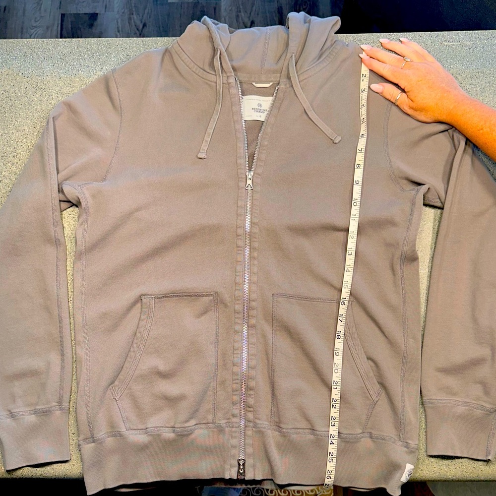 Reigning champ light weight stone grey zip up hoodie.